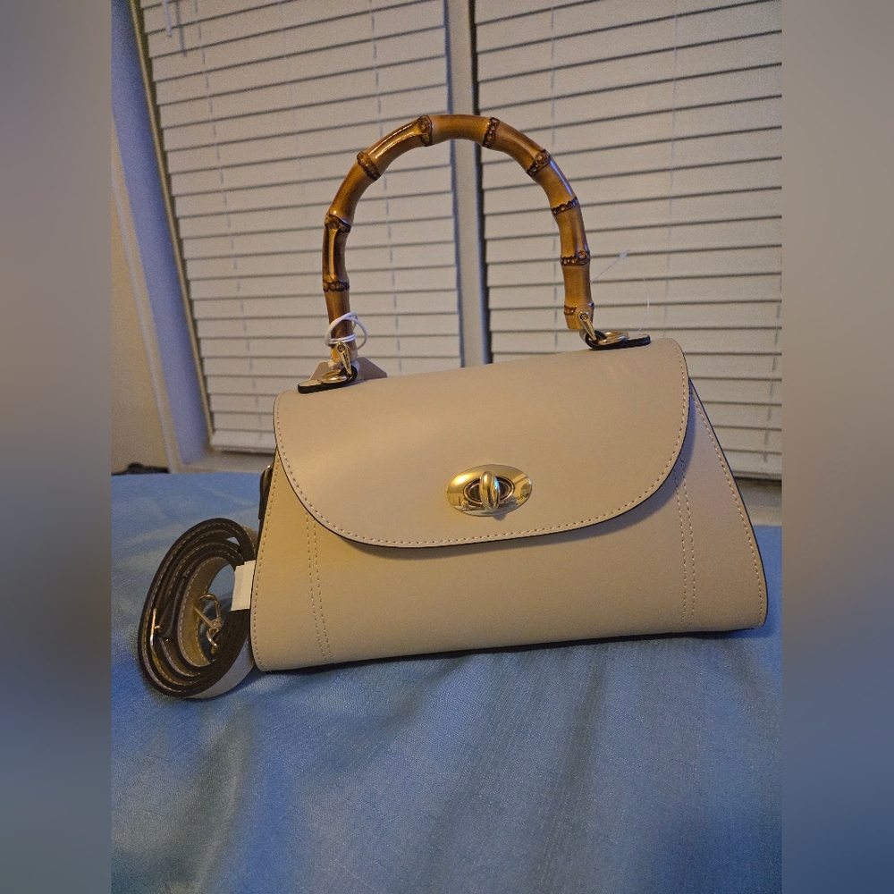 Cream Satchel with Bamboo-Style Top Handle and Gold Turn-Lock